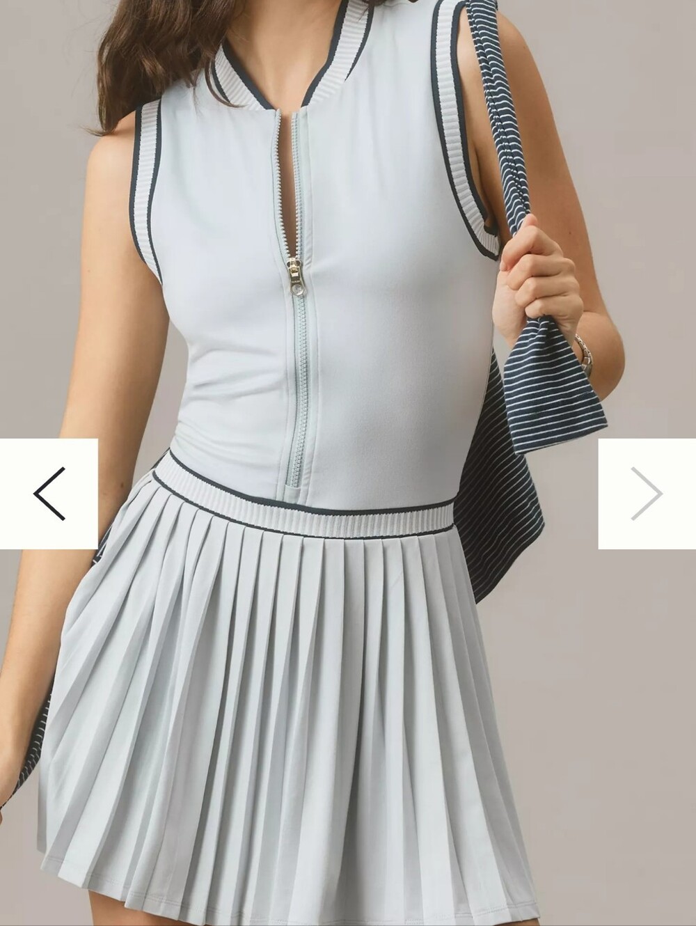 Varley Sleeveless Pleated Tennis Dress in Light Gray with Black Trim Sz Lg